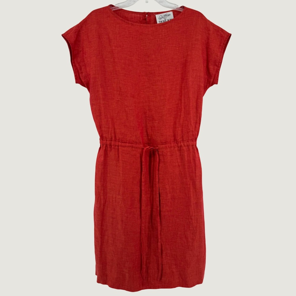 Ricki Freeman Teri Jon Dress Womens 10 Orange Linen Drawstring Waist Vintage USA